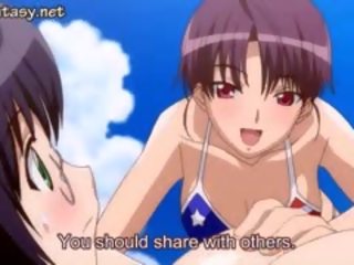 Dy anime vajzat stimulim me gisht në plazh