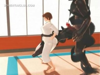 Hentai karate dochter kokhalzen op een massief johnson in 3d