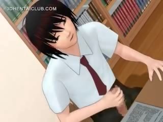 Brašs anime meitene fucks liels dildo uz bibliotēka